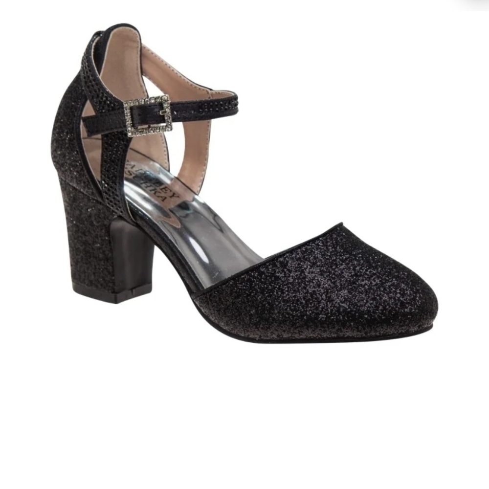 Badgley Mischka Girls' Black Glitter Ankle-Strap Block Heel